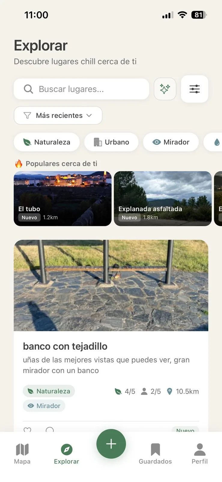 Captura de la exploración de lugares tranquilos en la app móvil de ChillMap