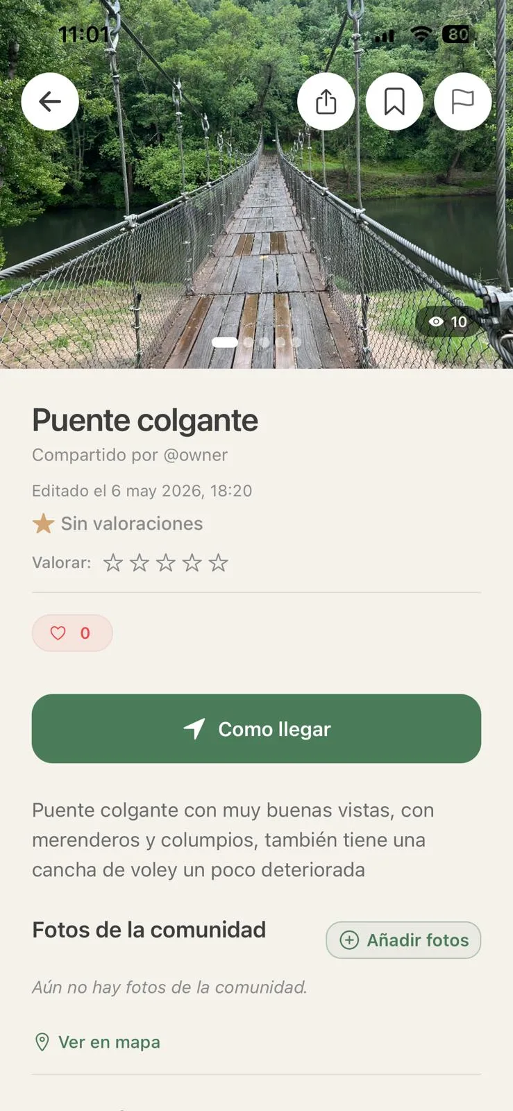 Captura del detalle de un lugar en ChillMap con fotos y comentarios